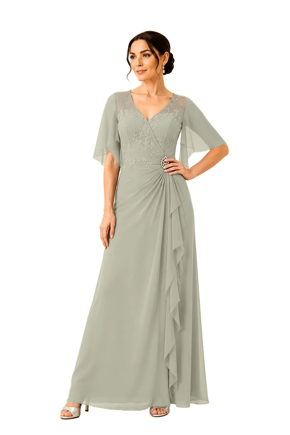 Lace Bodice Flutter Sleeve Formal Maxi Dress