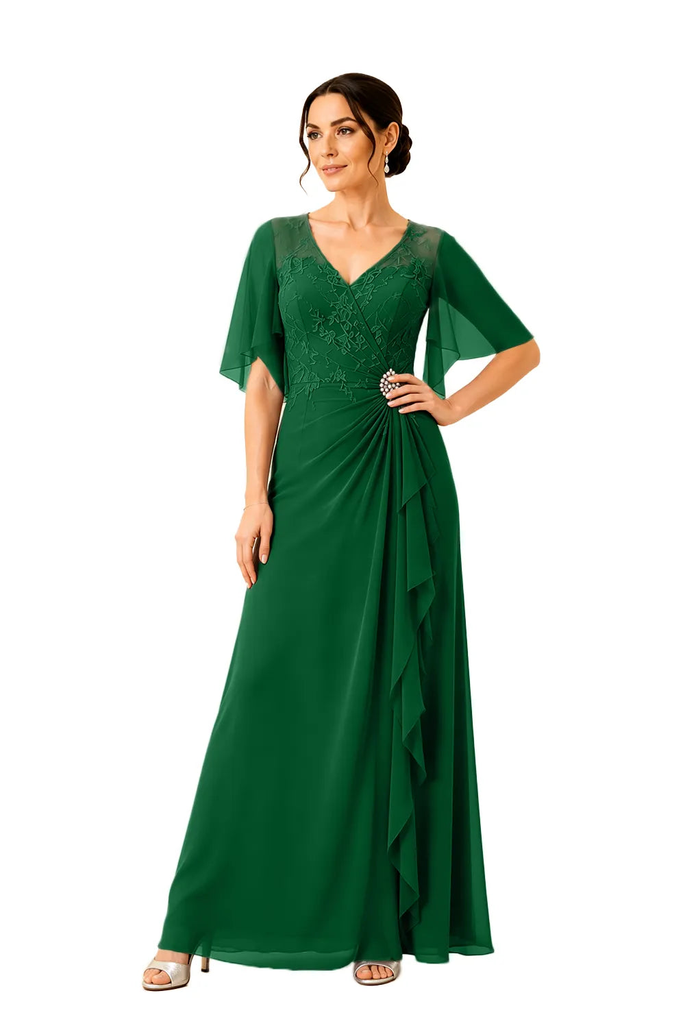 Lace Bodice Flutter Sleeve Formal Maxi Dress