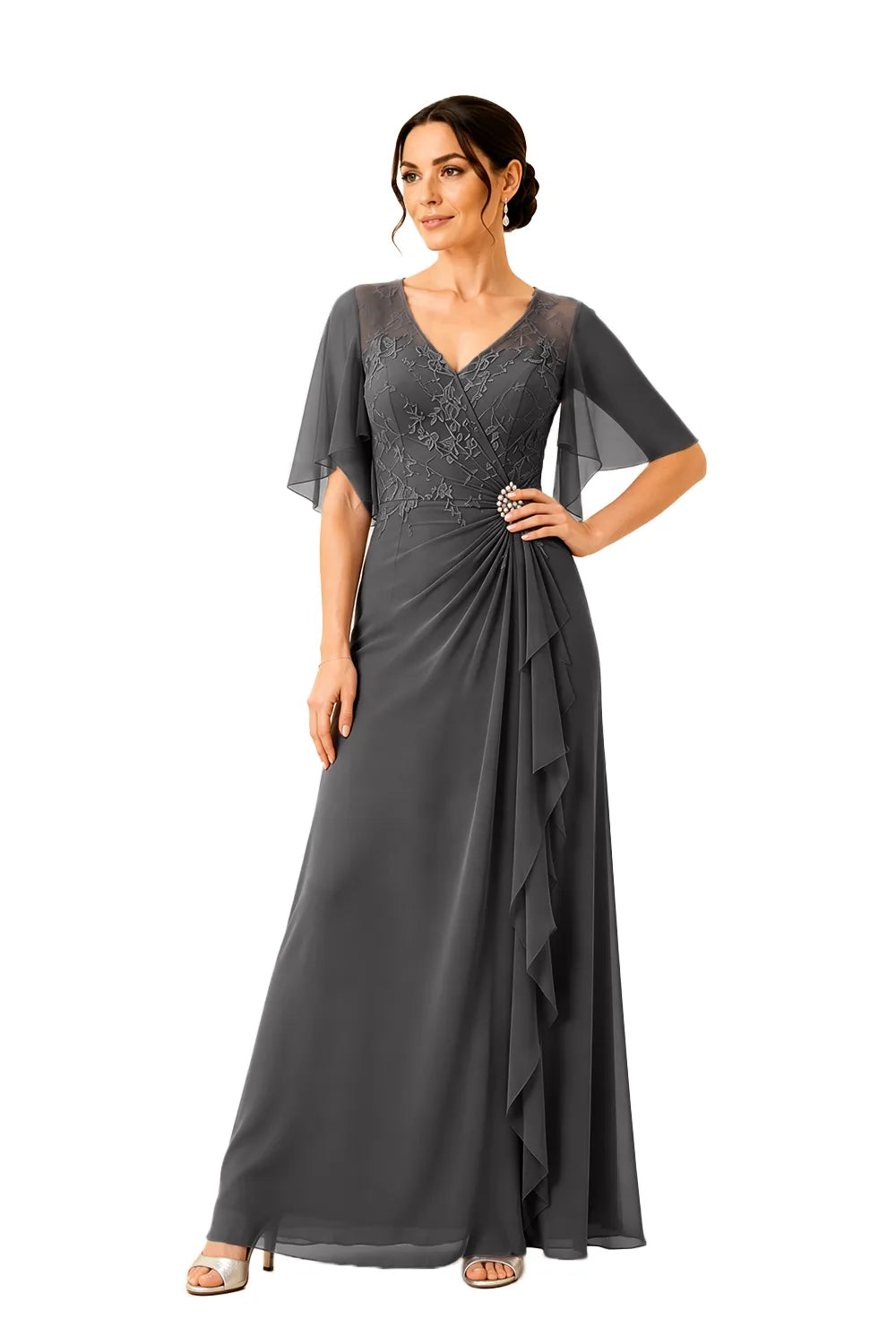 Lace Bodice Flutter Sleeve Formal Maxi Dress