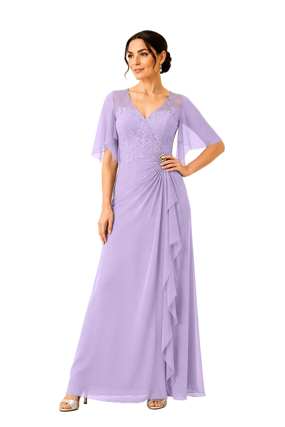 Lace Bodice Flutter Sleeve Formal Maxi Dress