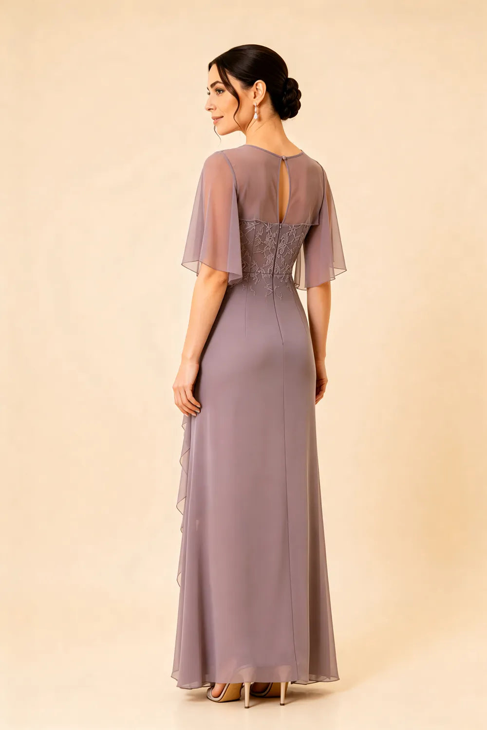 Lace Bodice Flutter Sleeve Formal Maxi Dress