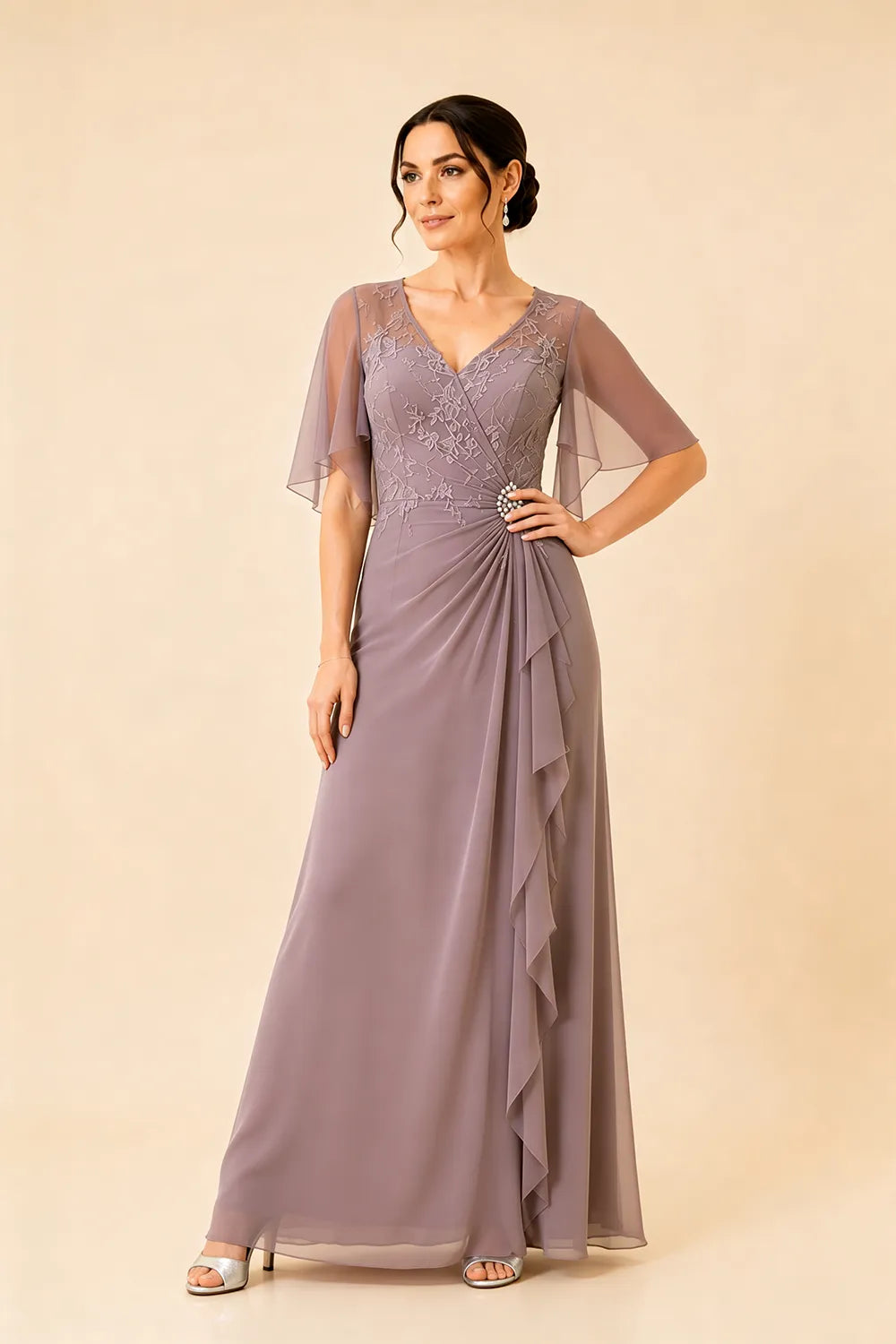 Lace Bodice Flutter Sleeve Formal Maxi Dress