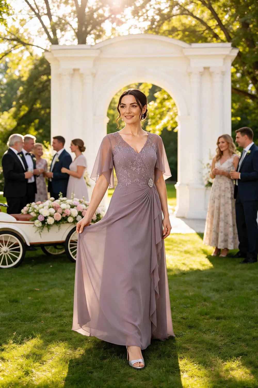 Lace Bodice Flutter Sleeve Formal Maxi Dress