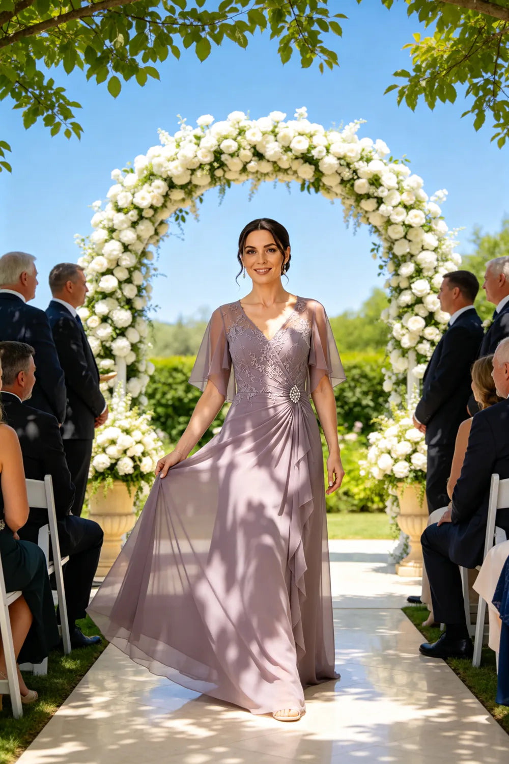 Lace Bodice Flutter Sleeve Formal Maxi Dress