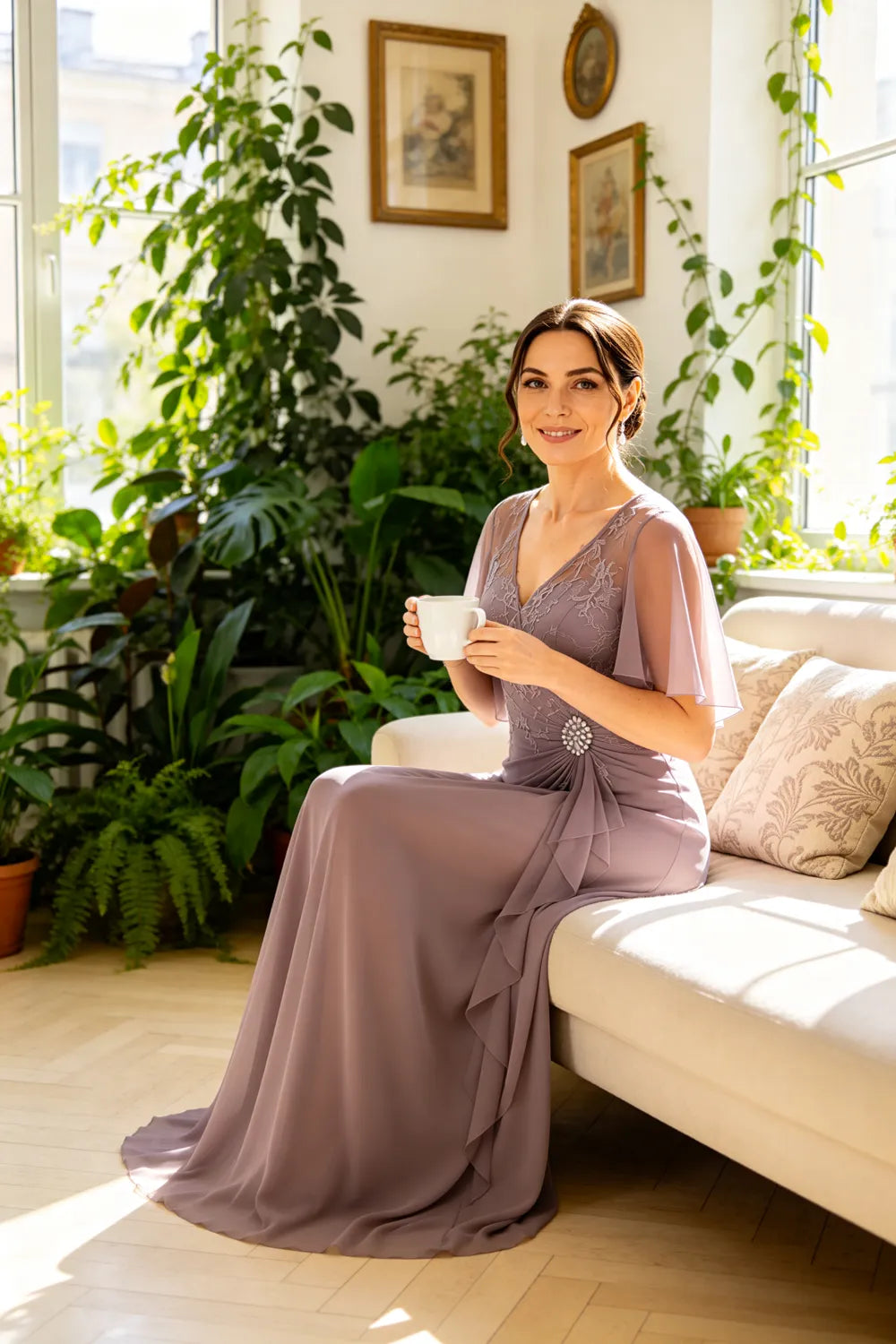 Lace Bodice Flutter Sleeve Formal Maxi Dress