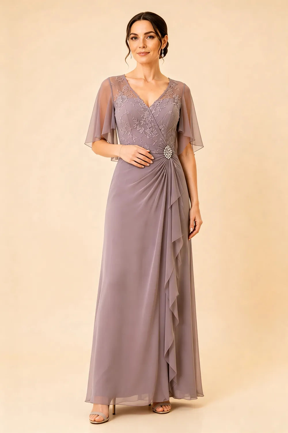 Lace Bodice Flutter Sleeve Formal Maxi Dress