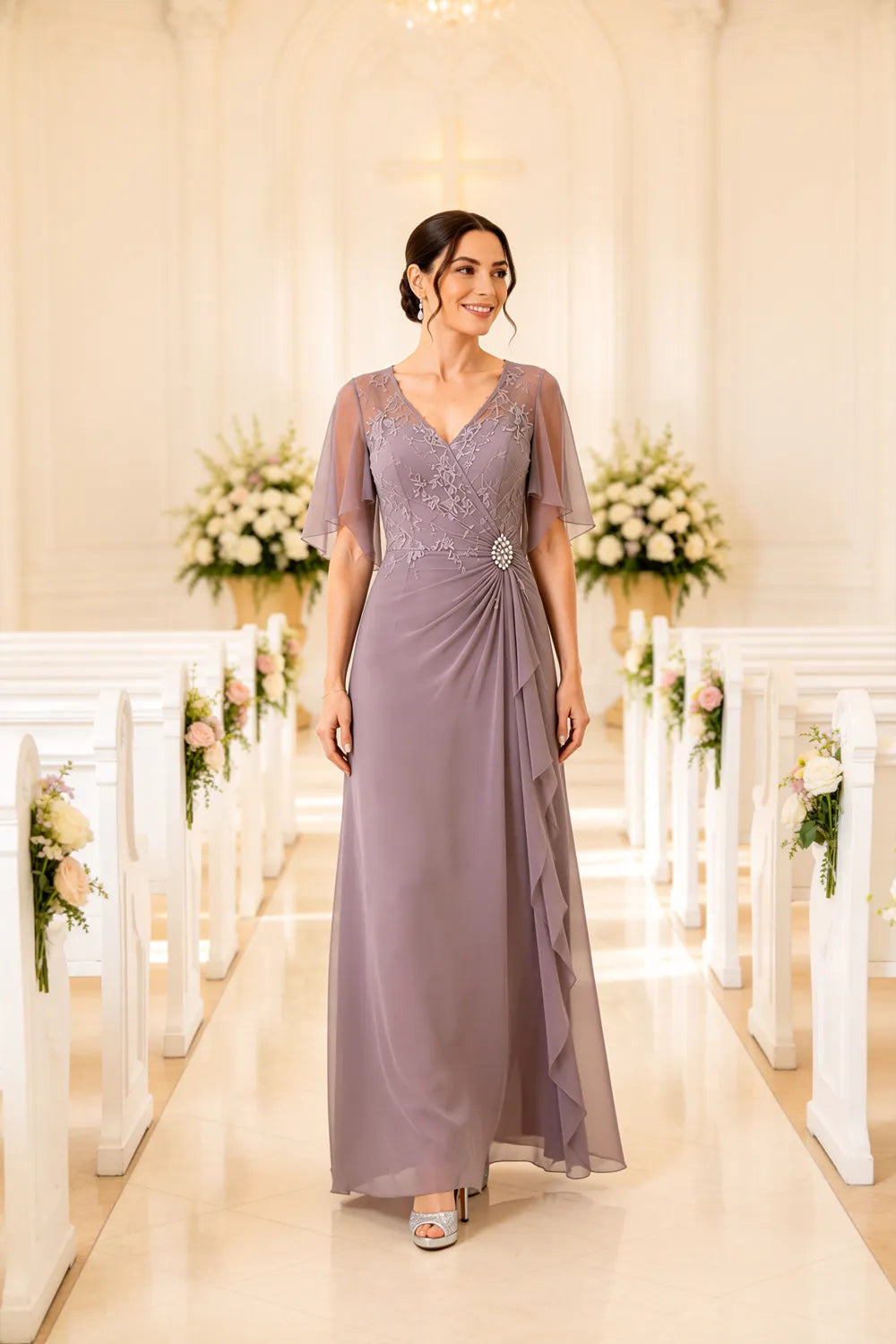 Lace Bodice Flutter Sleeve Formal Maxi Dress