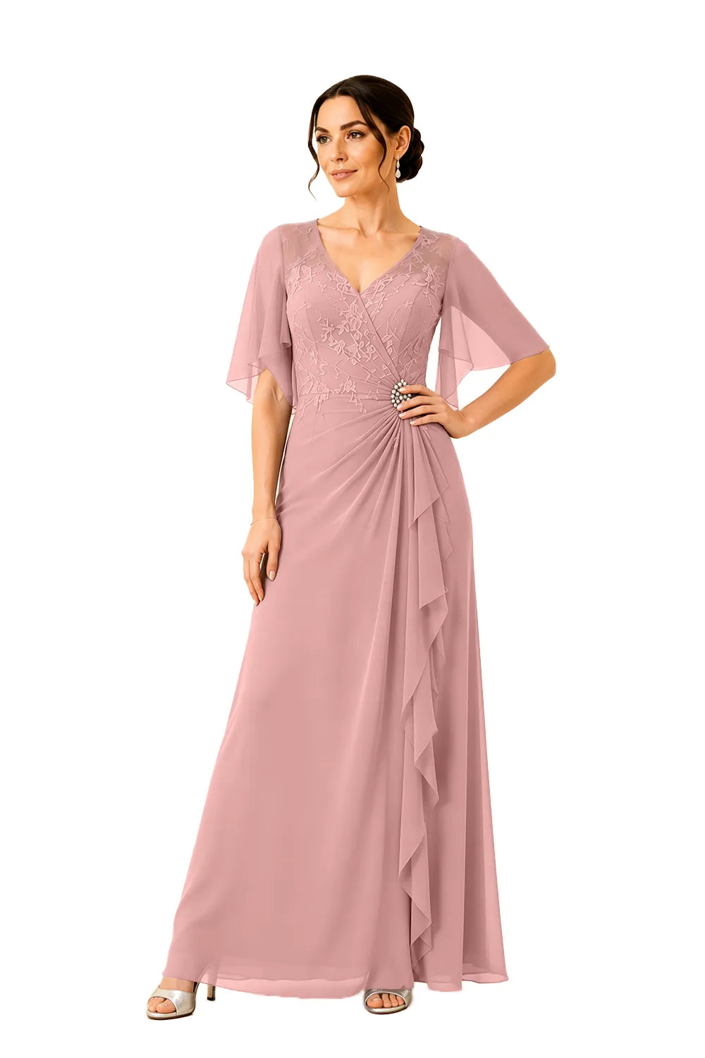 Lace Bodice Flutter Sleeve Formal Maxi Dress