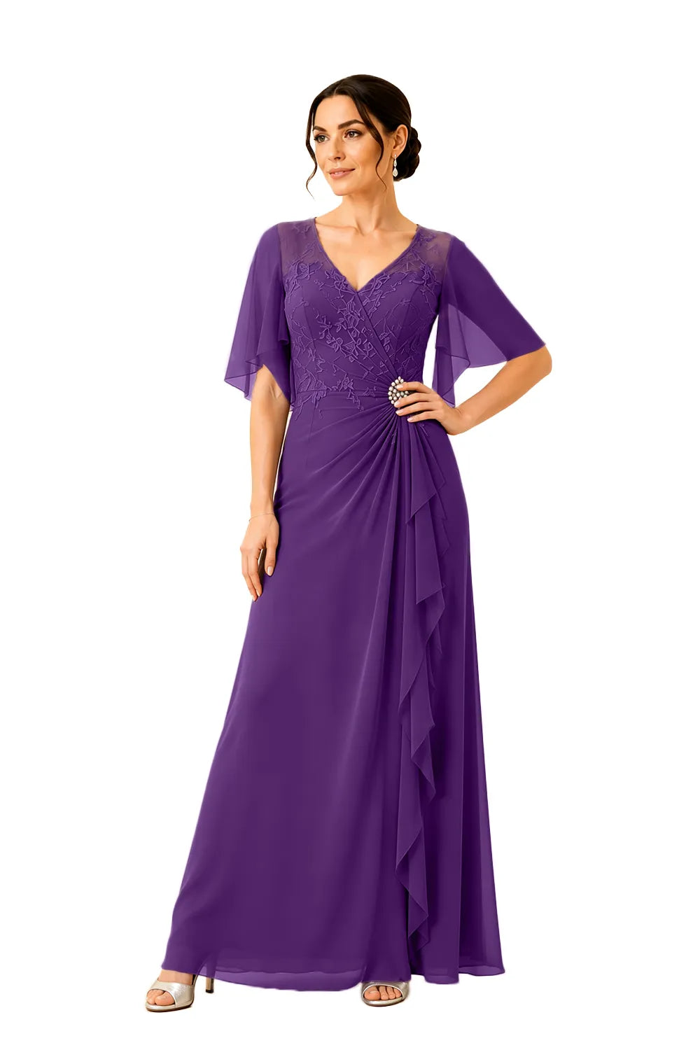 Lace Bodice Flutter Sleeve Formal Maxi Dress