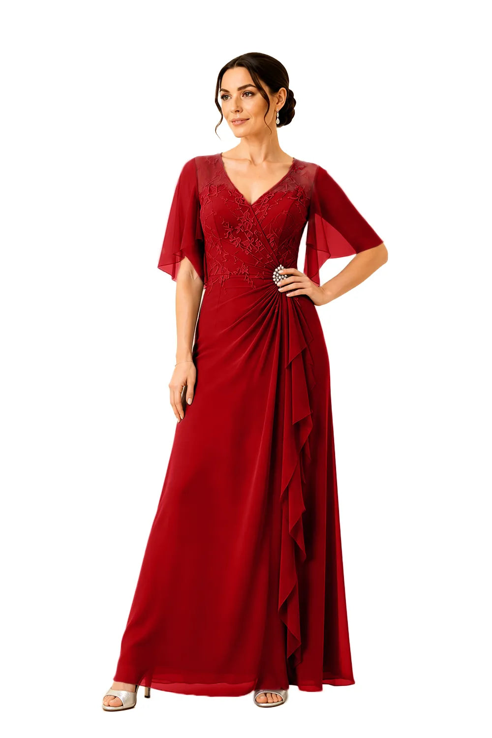 Lace Bodice Flutter Sleeve Formal Maxi Dress