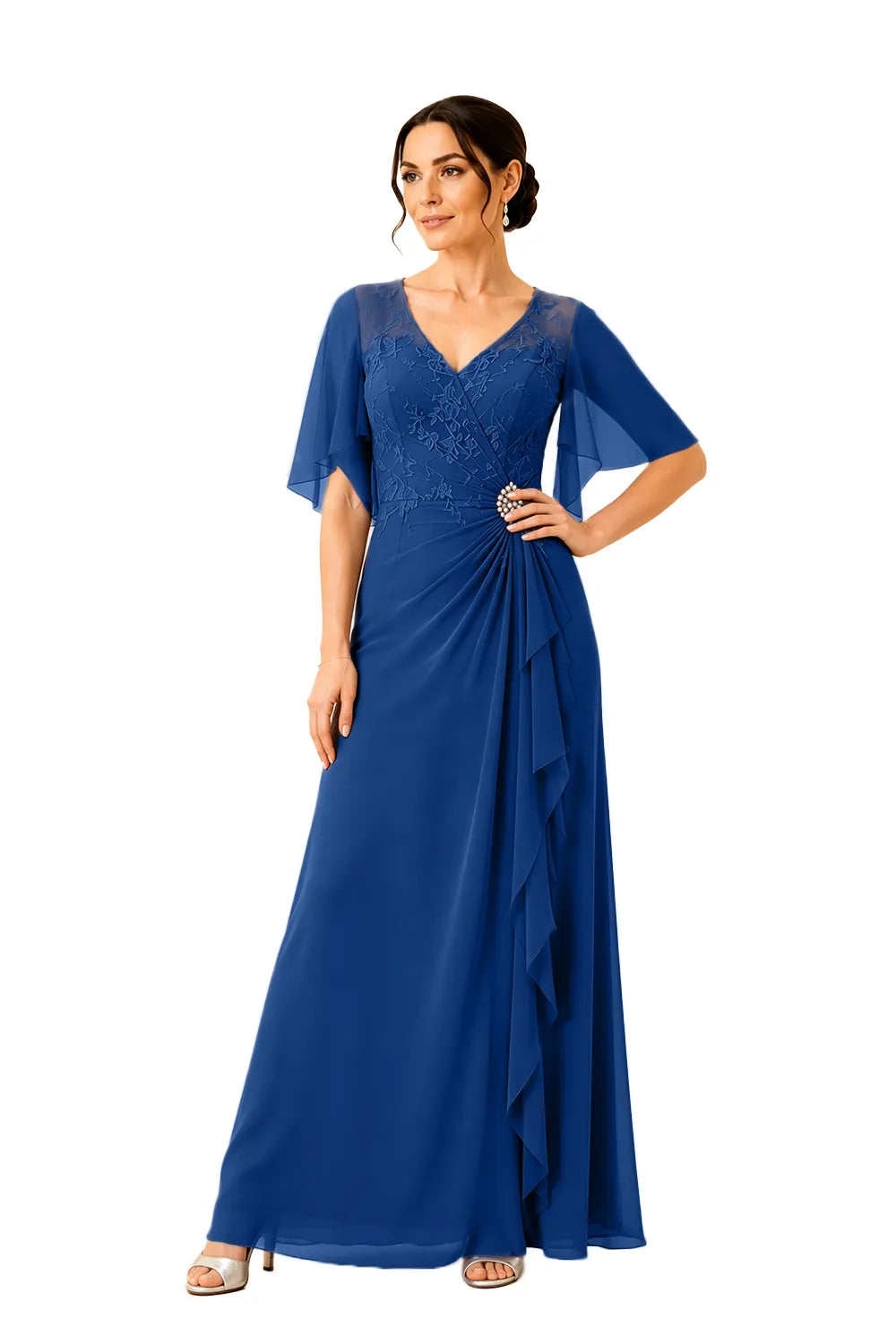 Lace Bodice Flutter Sleeve Formal Maxi Dress
