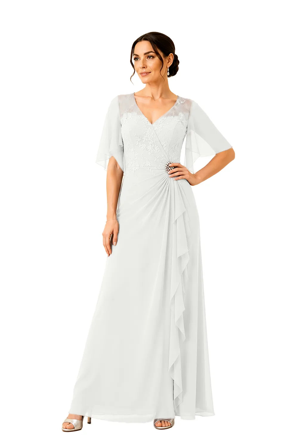 Lace Bodice Flutter Sleeve Formal Maxi Dress
