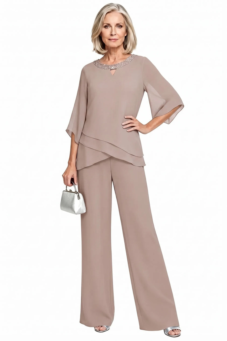 Sophisticated loose-fit formal pant set dress by THE WHITMORE FAMILY in mauve taupe, featuring tailored pants and a matching top.