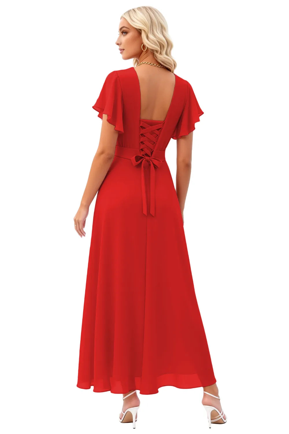 Elegant Flutter Sleeve High-Low Midi Dress