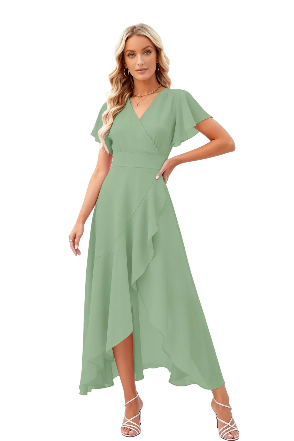 Elegant Flutter Sleeve High-Low Midi Dress