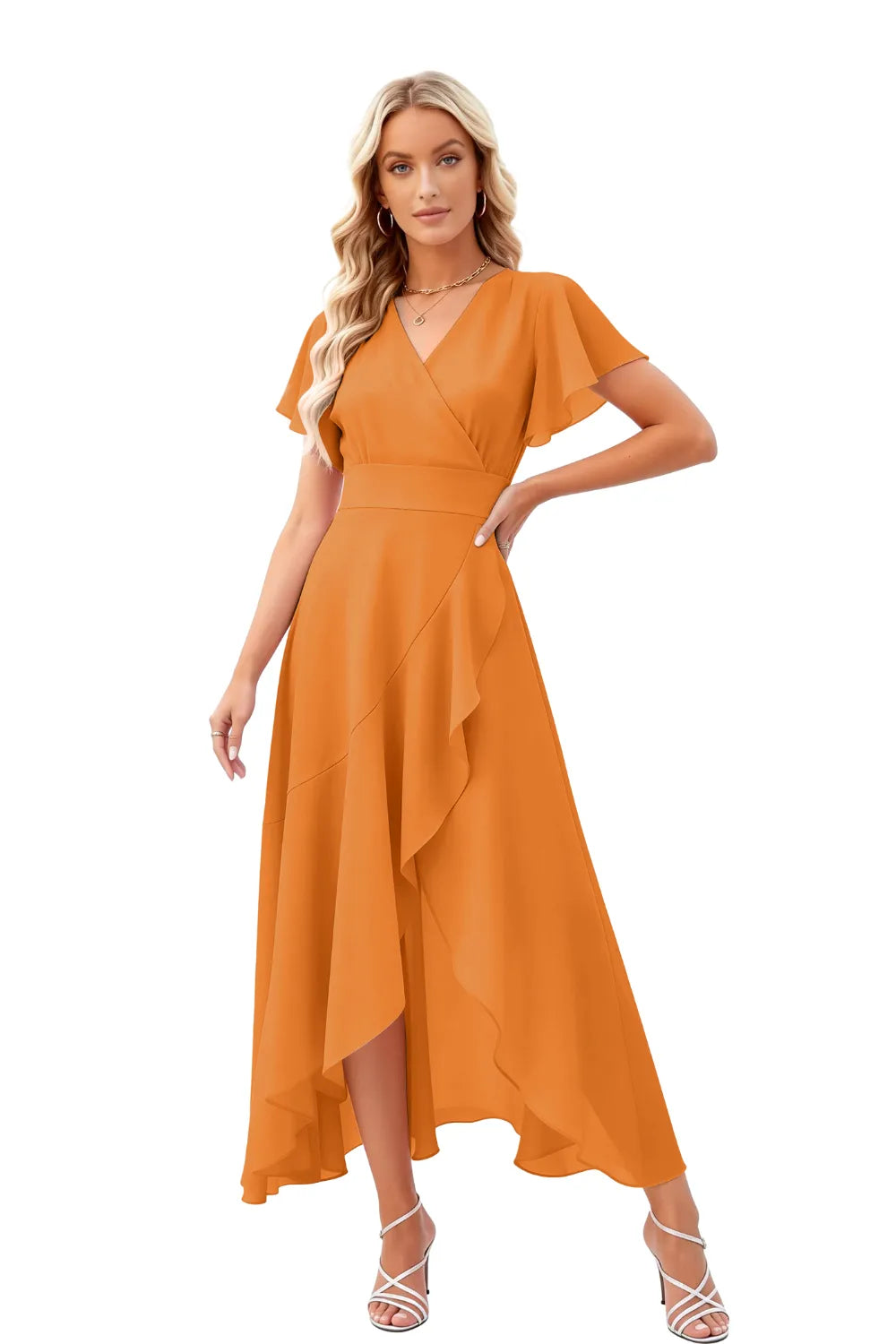 Elegant Flutter Sleeve High-Low Midi Dress