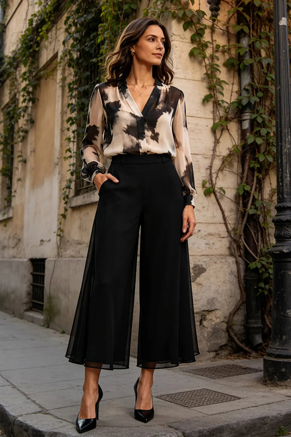 Refined Printed Wide Leg Pant Suit