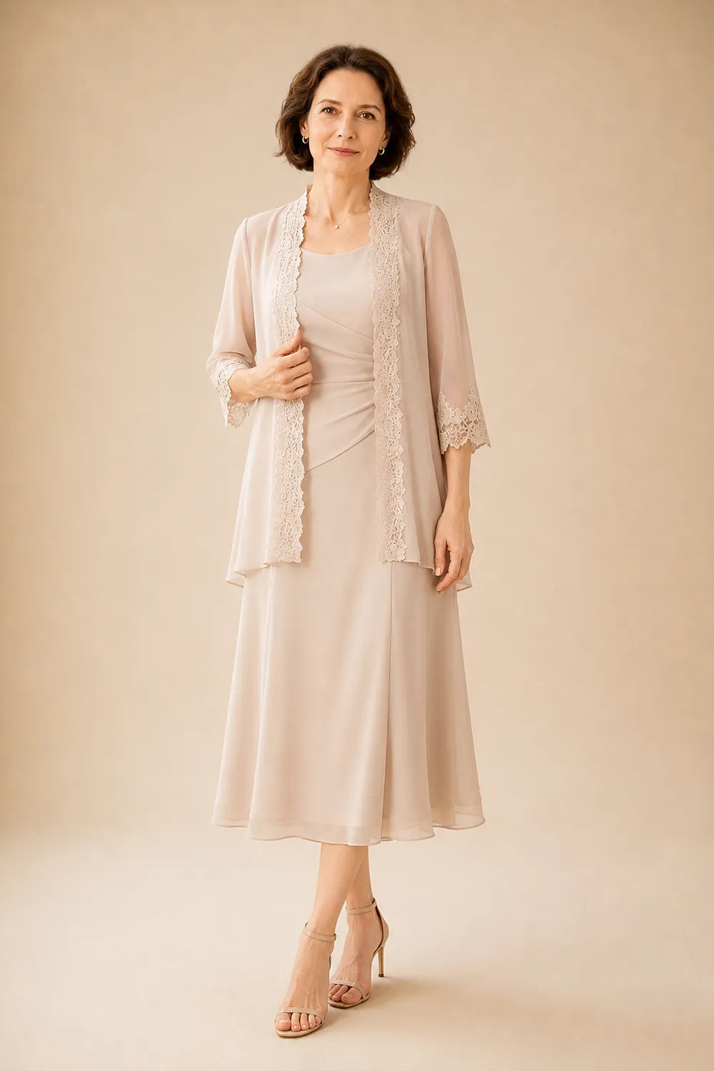 Mother of the Bride Midi Dress with Lace Jacket