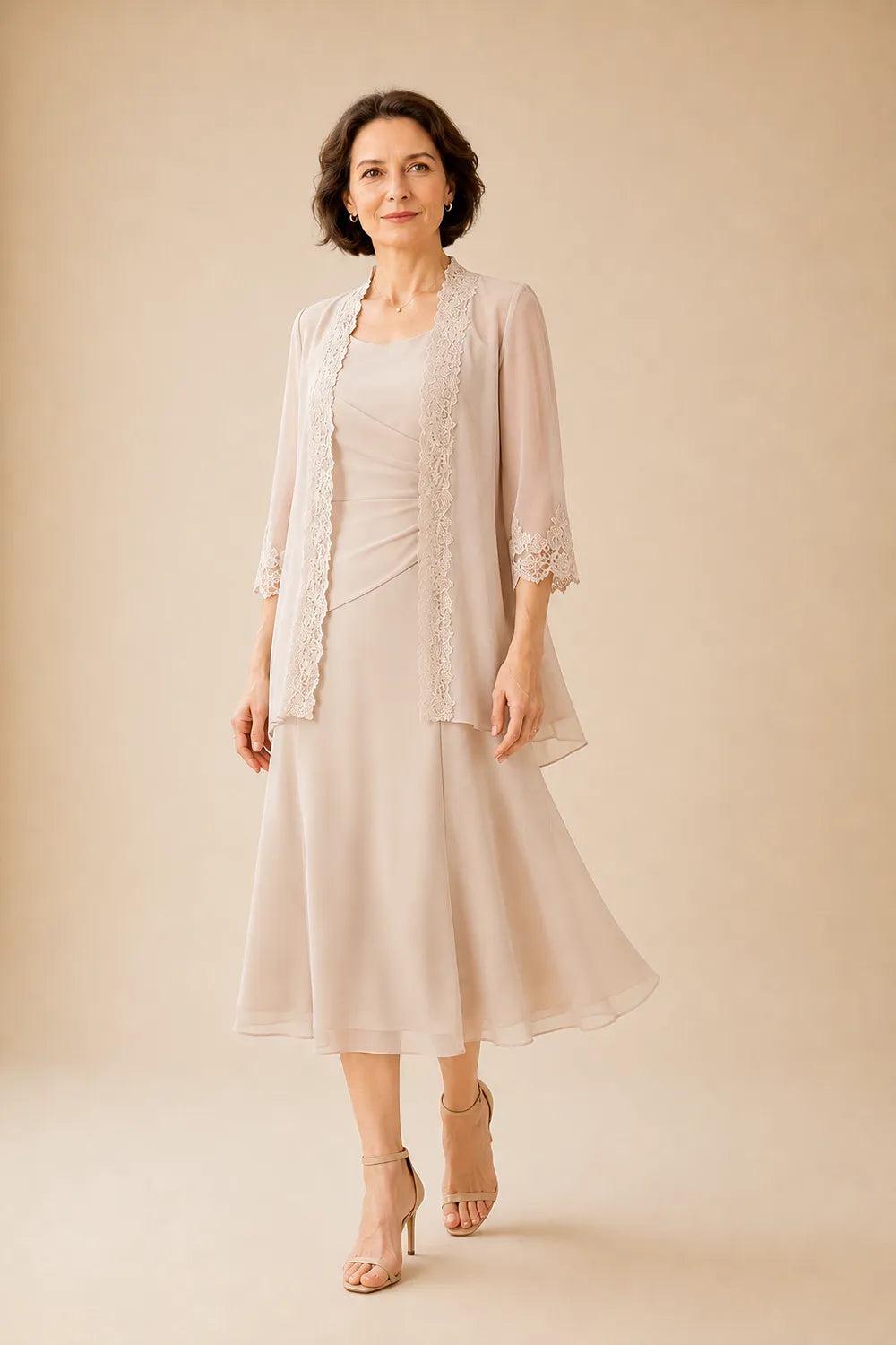 Mother of the Bride Midi Dress with Lace Jacket