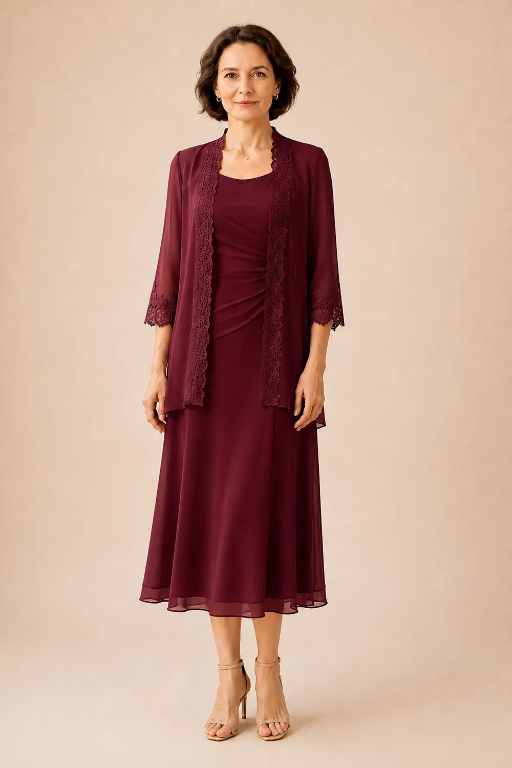 Mother of the Bride Midi Dress with Lace Jacket