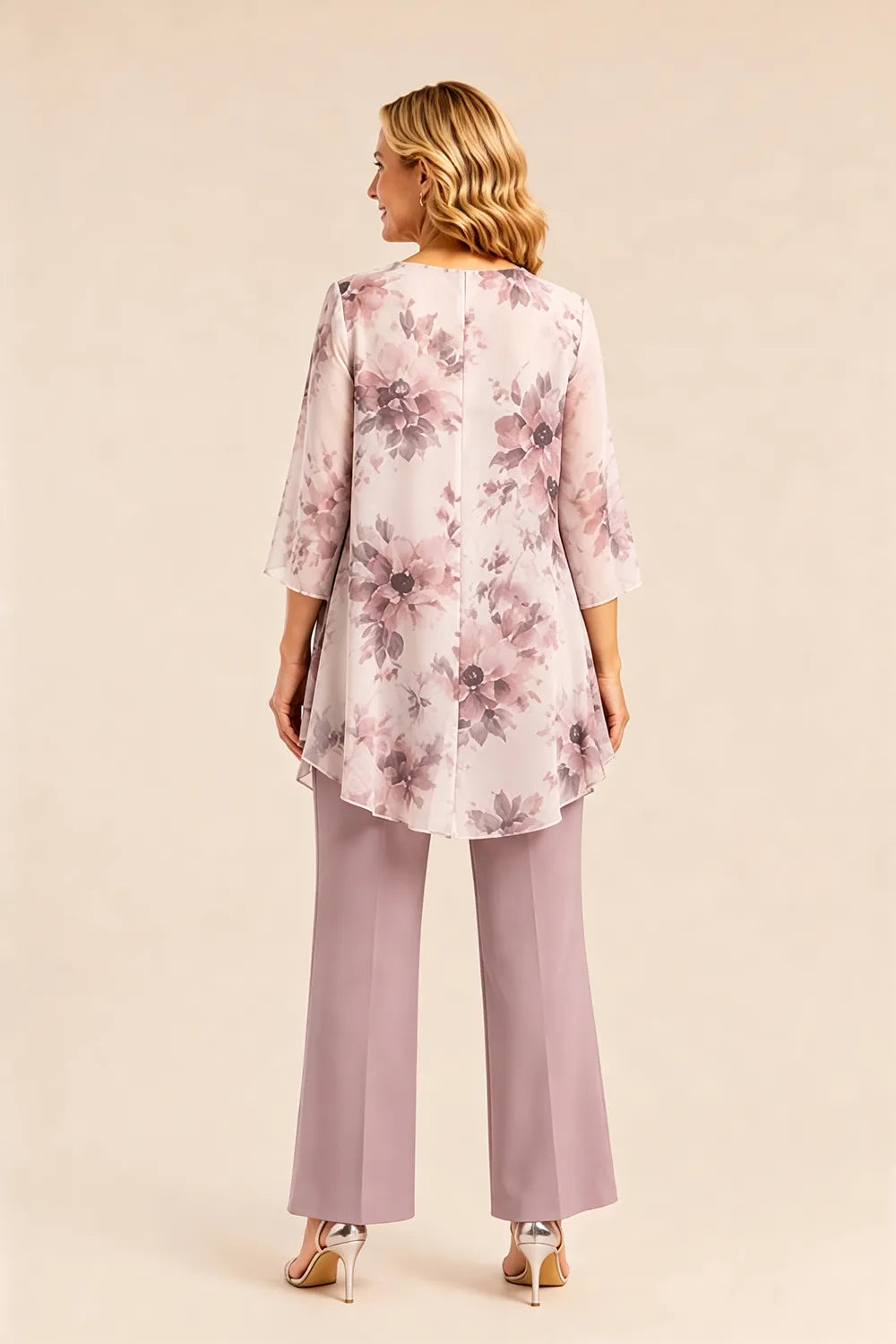 Floral Chiffon Three-Piece Pant Suit