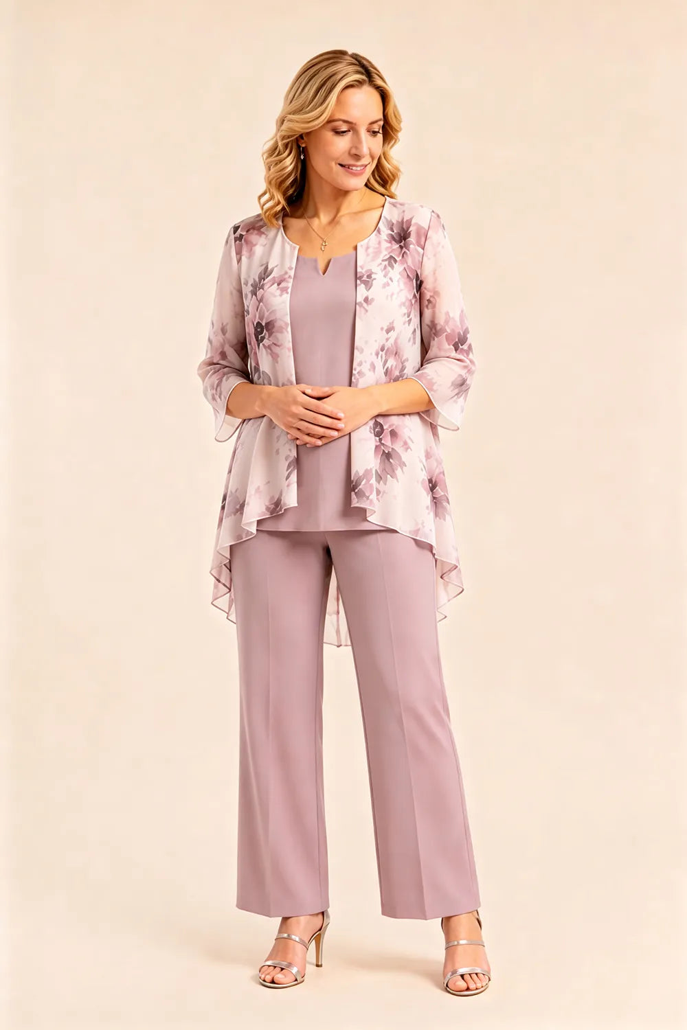 Floral Chiffon Three-Piece Pant Suit