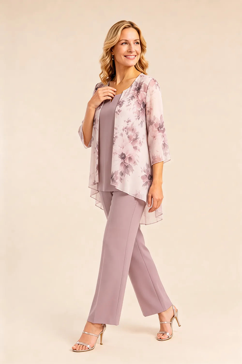 Floral Chiffon Three-Piece Pant Suit