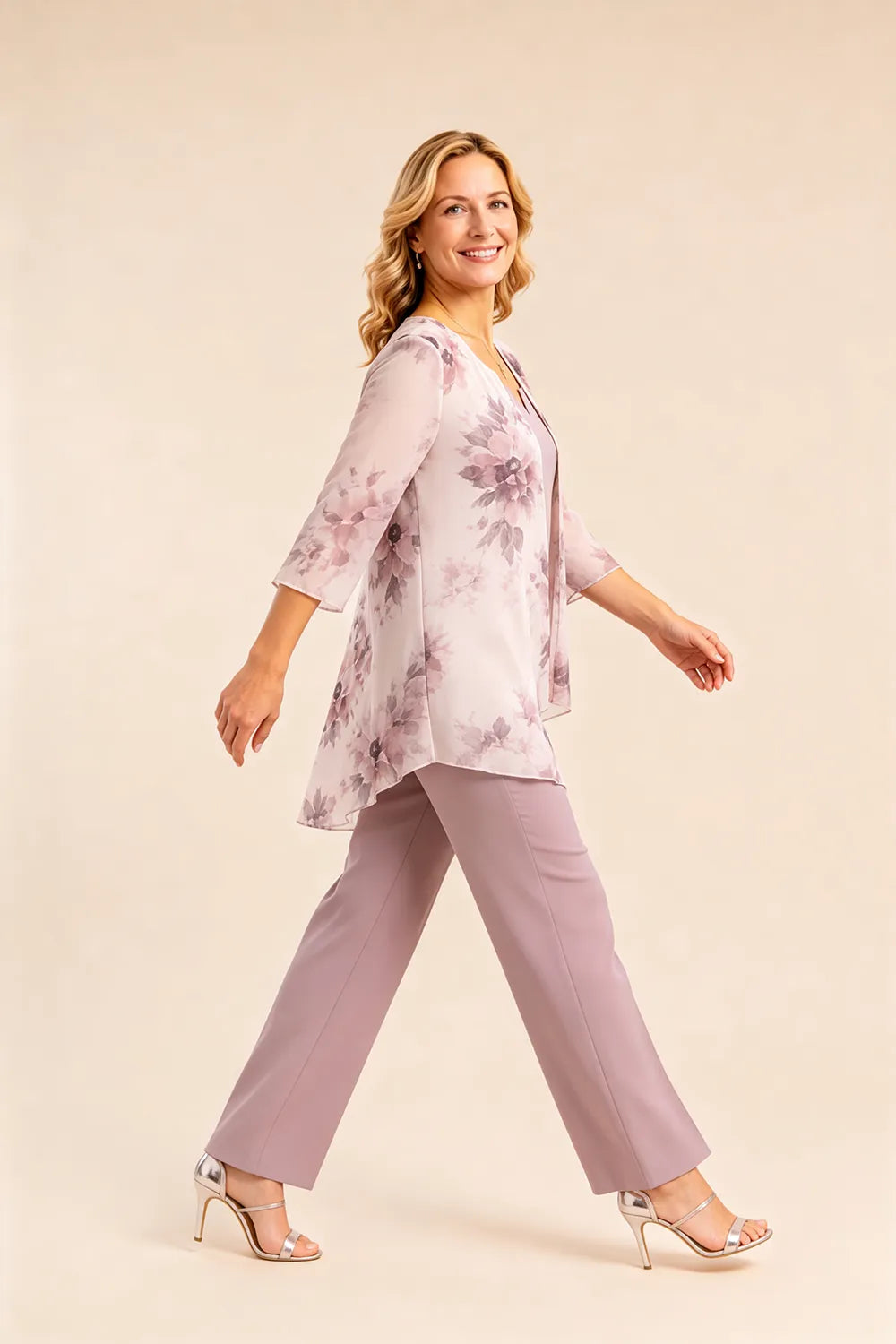 Floral Chiffon Three-Piece Pant Suit