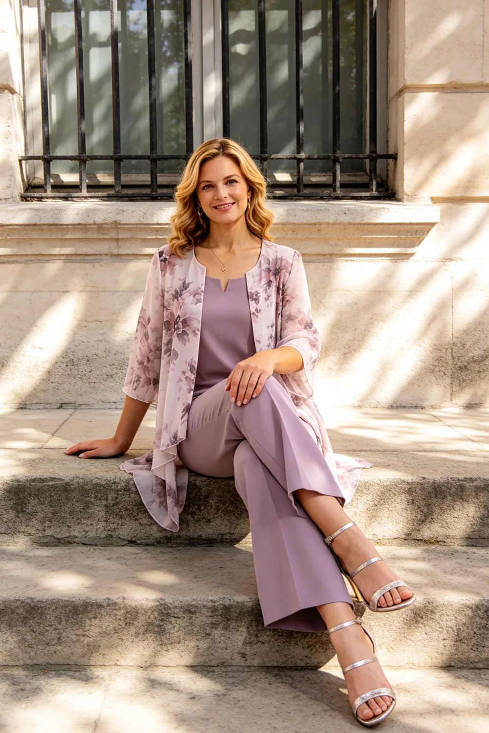 Floral Chiffon Three-Piece Pant Suit