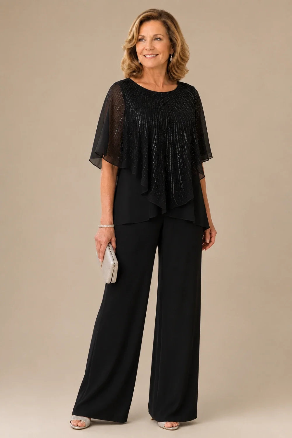 Sequin Capelet Chiffon Pant Suit with Wide-Leg Pants