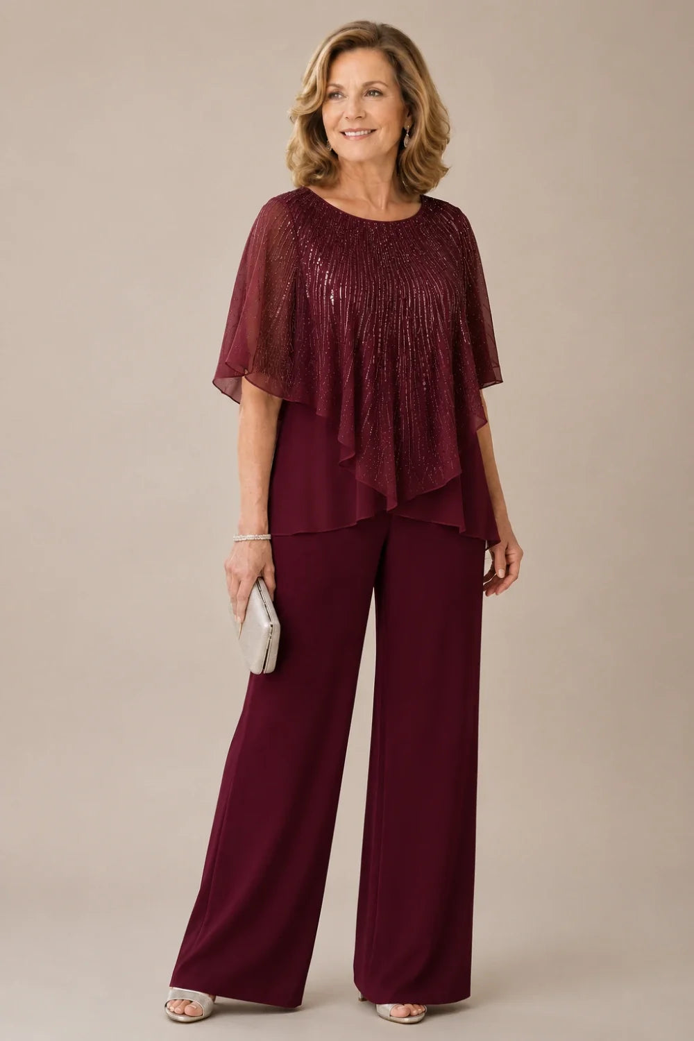 Sequin Capelet Chiffon Pant Suit with Wide-Leg Pants