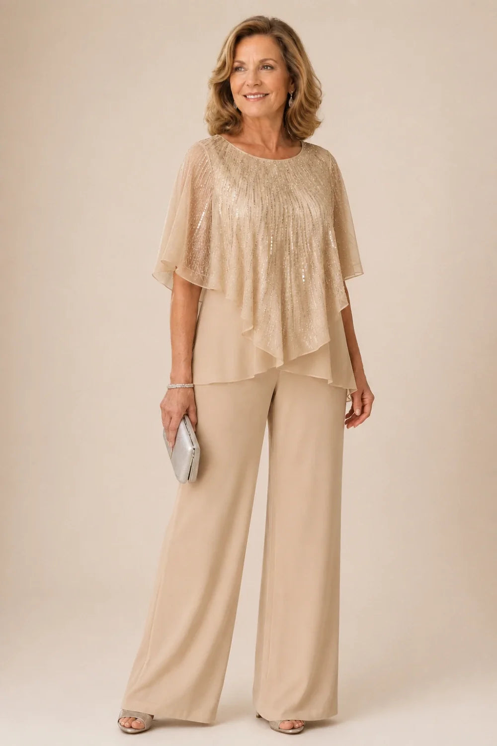 Sequin Capelet Chiffon Pant Suit with Wide-Leg Pants