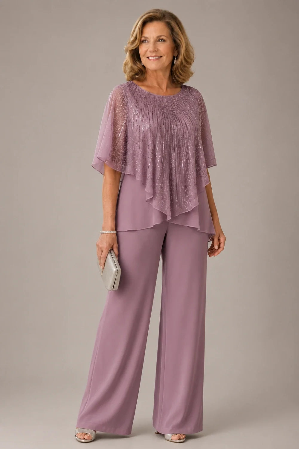 Sequin Capelet Chiffon Pant Suit with Wide-Leg Pants