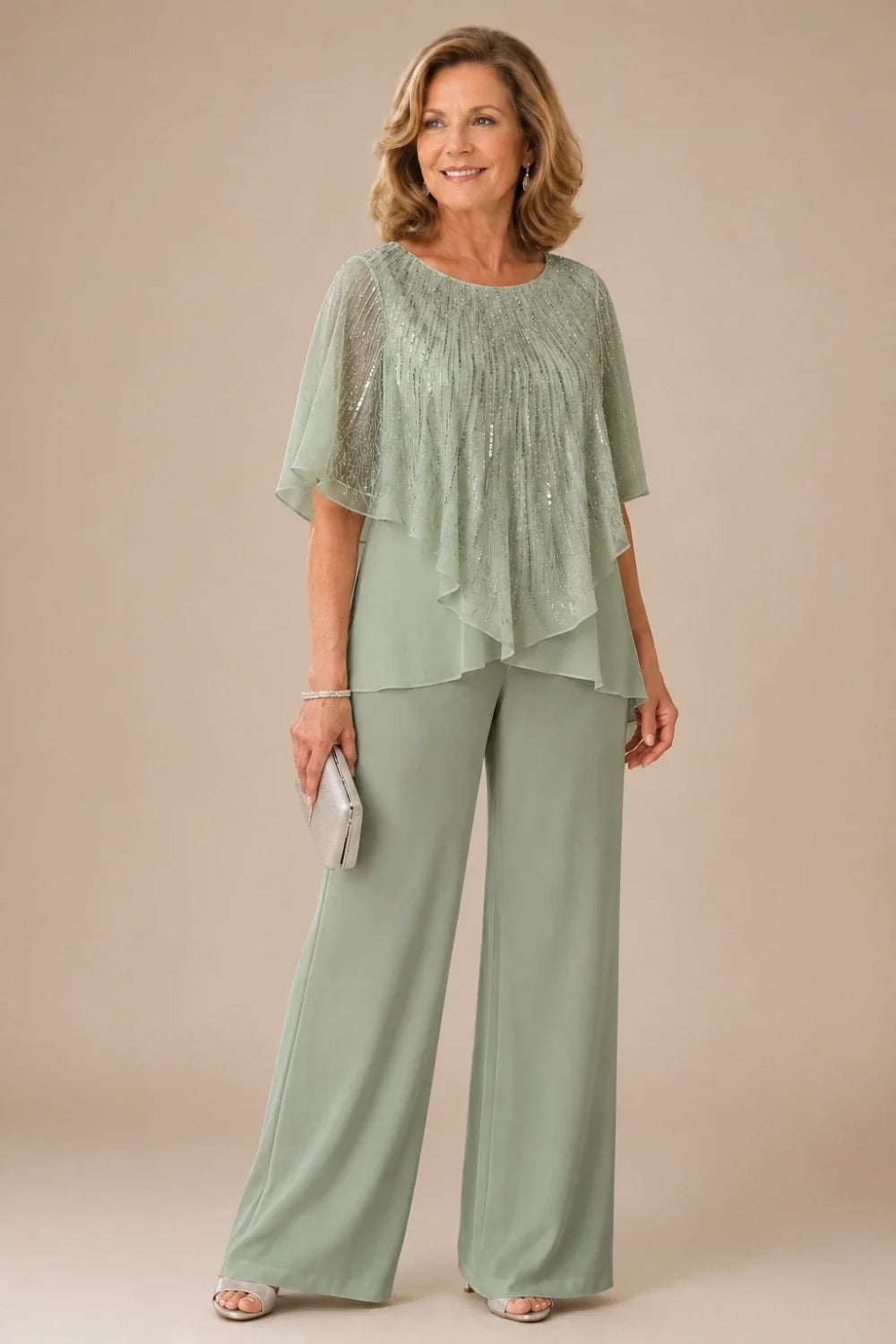 Sequin Capelet Chiffon Pant Suit with Wide-Leg Pants