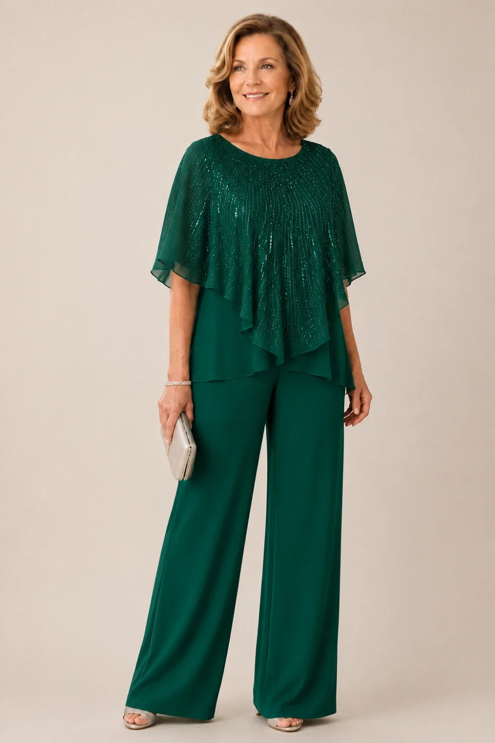 Sequin Capelet Chiffon Pant Suit with Wide-Leg Pants