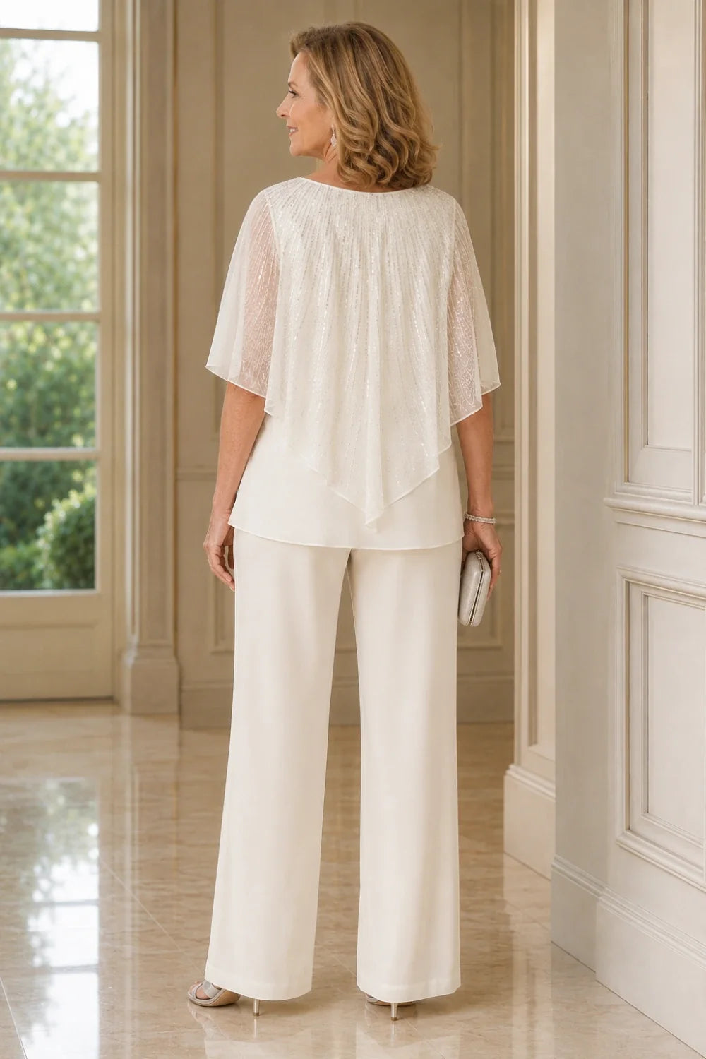 Sequin Capelet Chiffon Pant Suit with Wide-Leg Pants