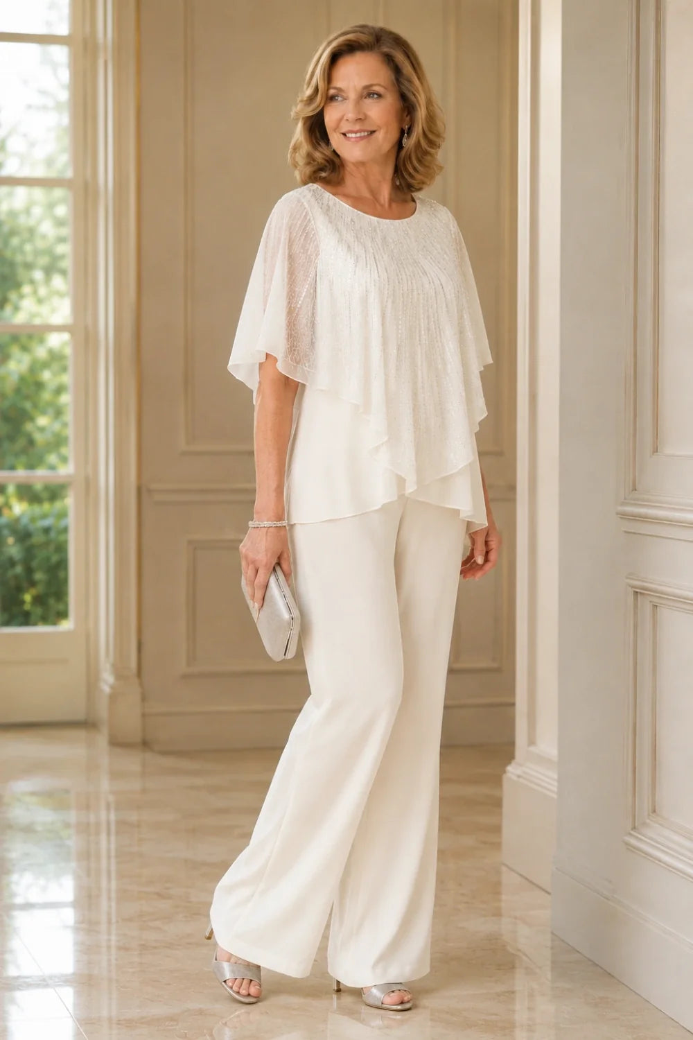 Sequin Capelet Chiffon Pant Suit with Wide-Leg Pants