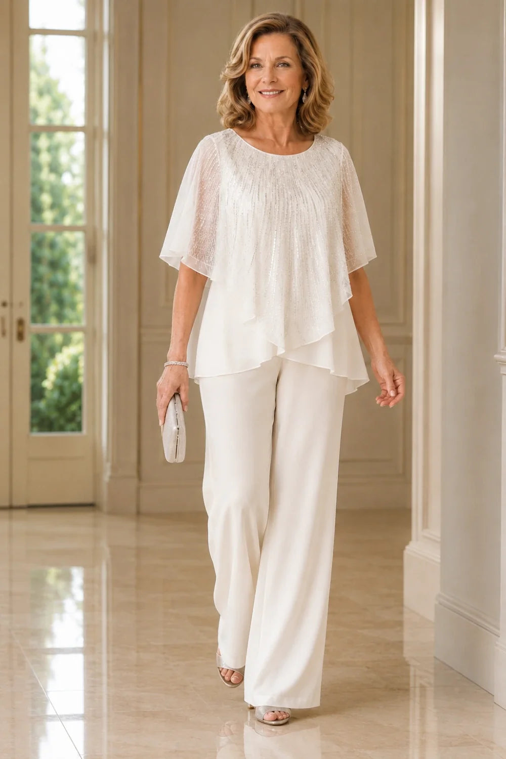 Sequin Capelet Chiffon Pant Suit with Wide-Leg Pants