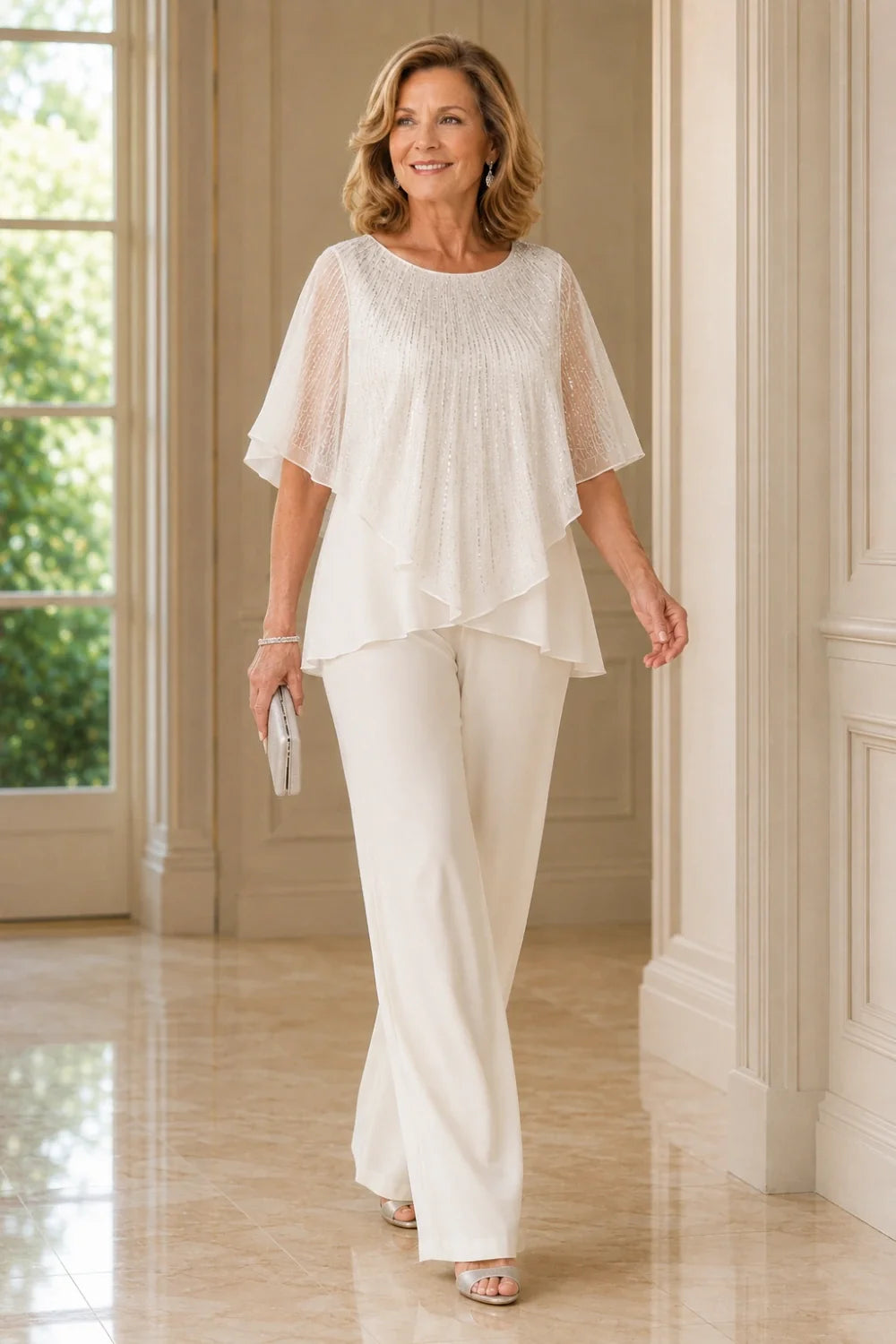 Sequin Capelet Chiffon Pant Suit with Wide-Leg Pants