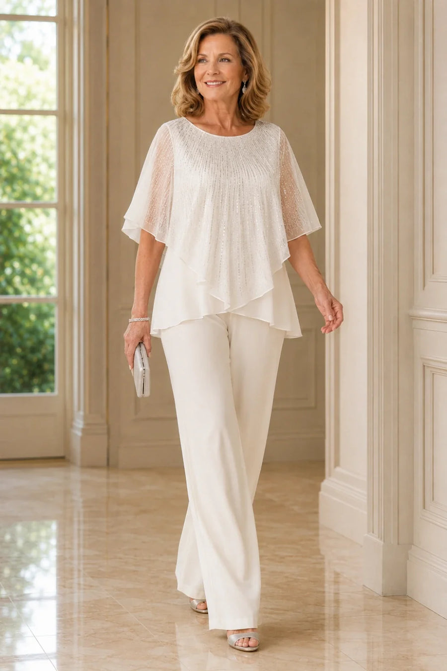 Ivory sequin capelet chiffon pant suit with wide-leg pants, designed by THE WHITMORE FAMILY, shown in a walking pose.