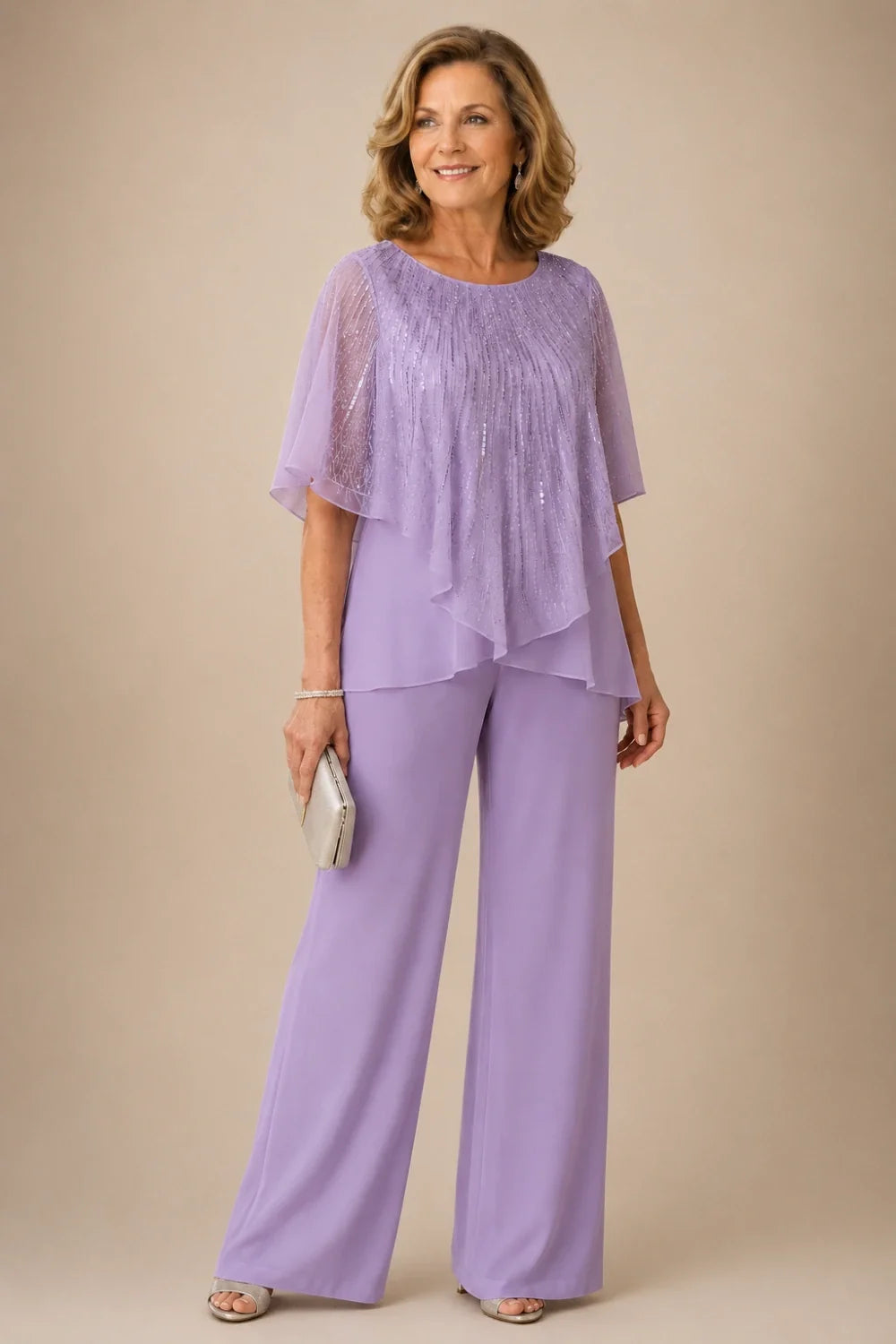 Sequin Capelet Chiffon Pant Suit with Wide-Leg Pants