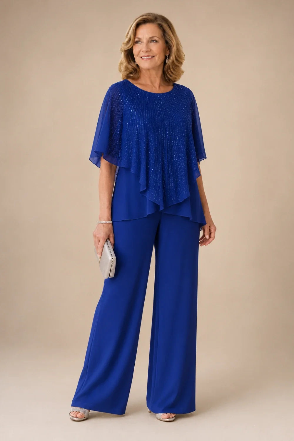 Sequin Capelet Chiffon Pant Suit with Wide-Leg Pants