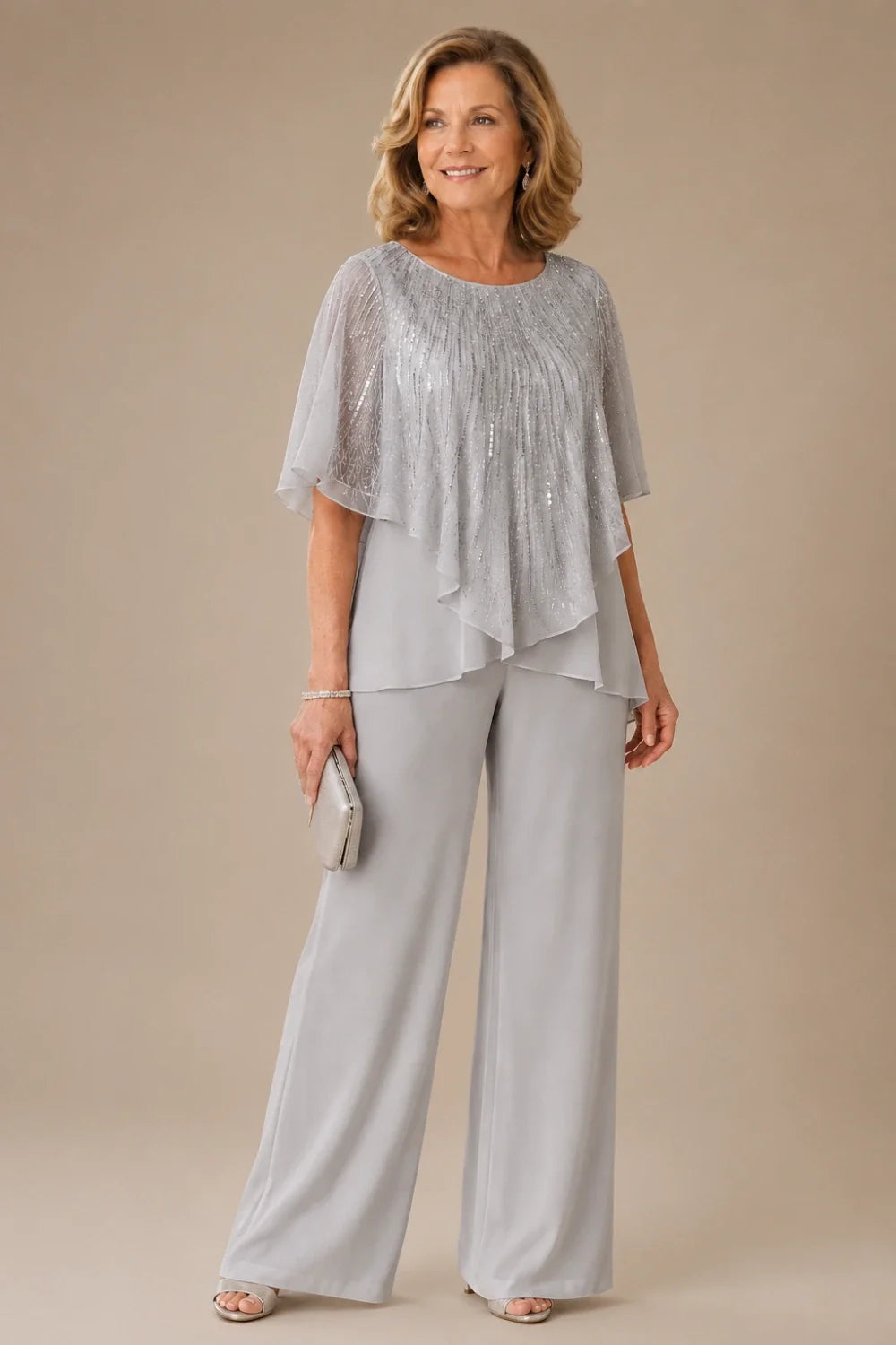 Sequin Capelet Chiffon Pant Suit with Wide-Leg Pants