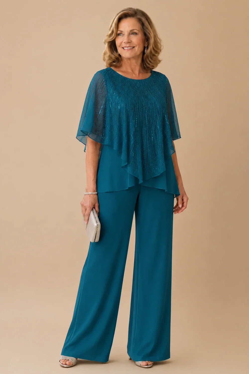 Sequin Capelet Chiffon Pant Suit with Wide-Leg Pants