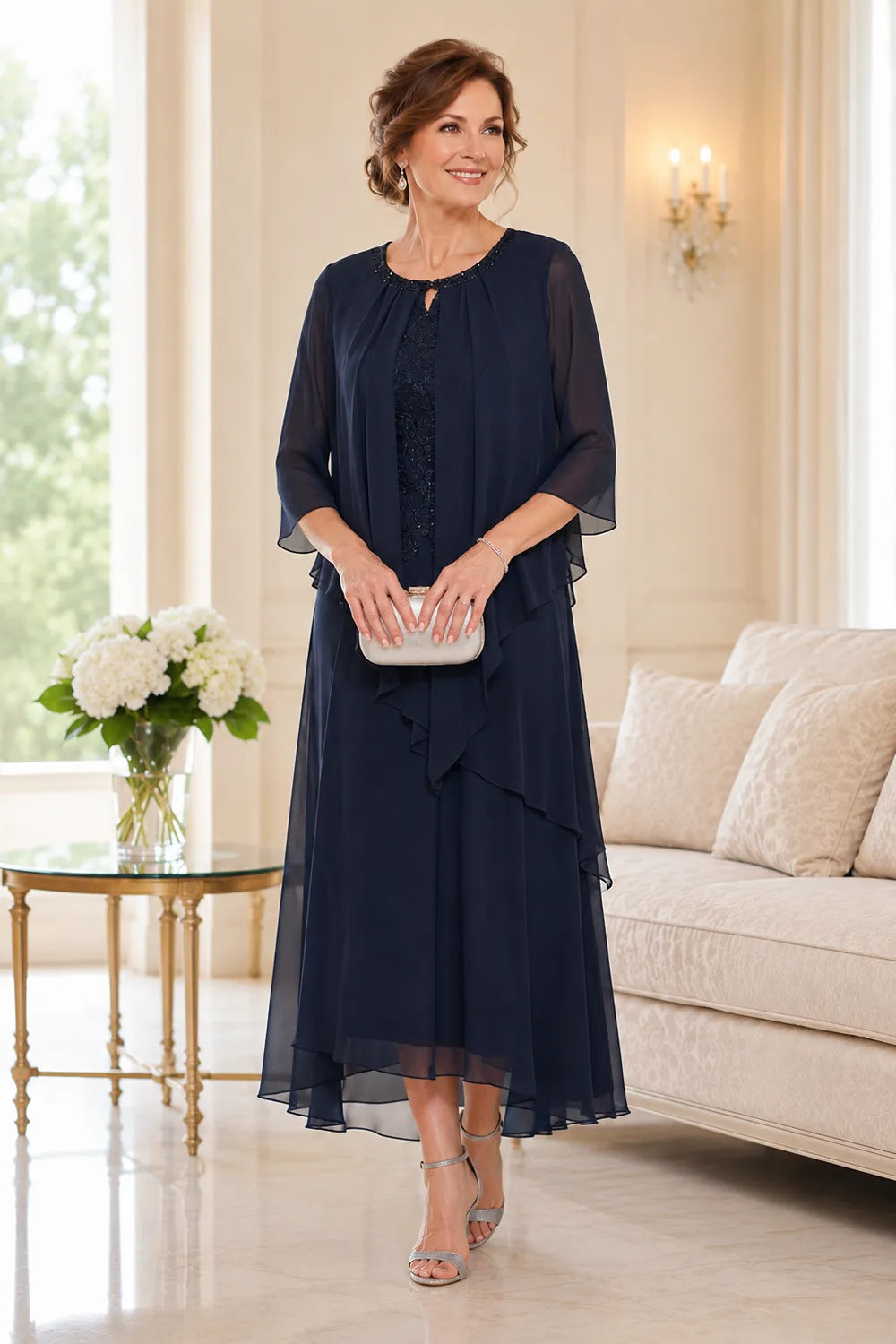 Genevieve Draped Chiffon Overlay Midi Dress