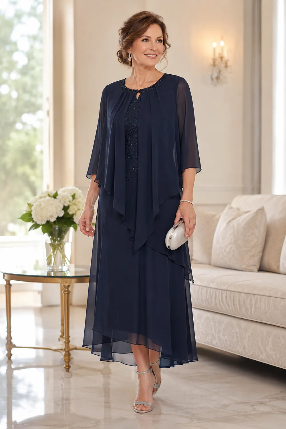 Genevieve Draped Chiffon Overlay Midi Dress