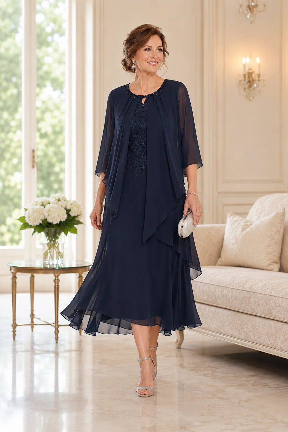 Genevieve Draped Chiffon Overlay Midi Dress