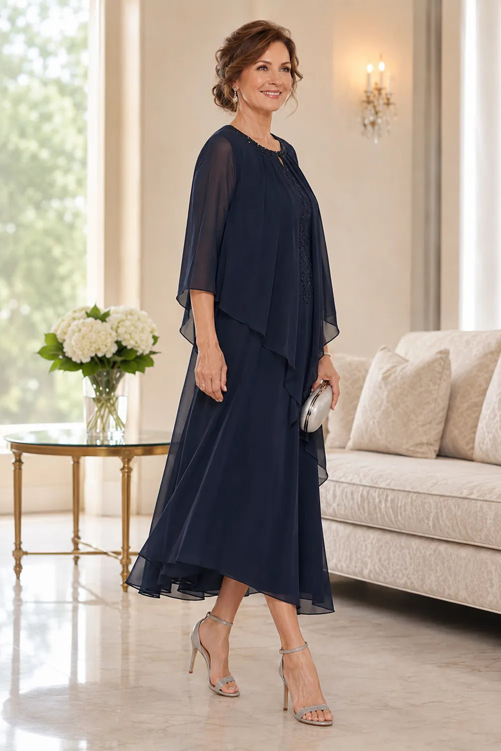 Genevieve Draped Chiffon Overlay Midi Dress