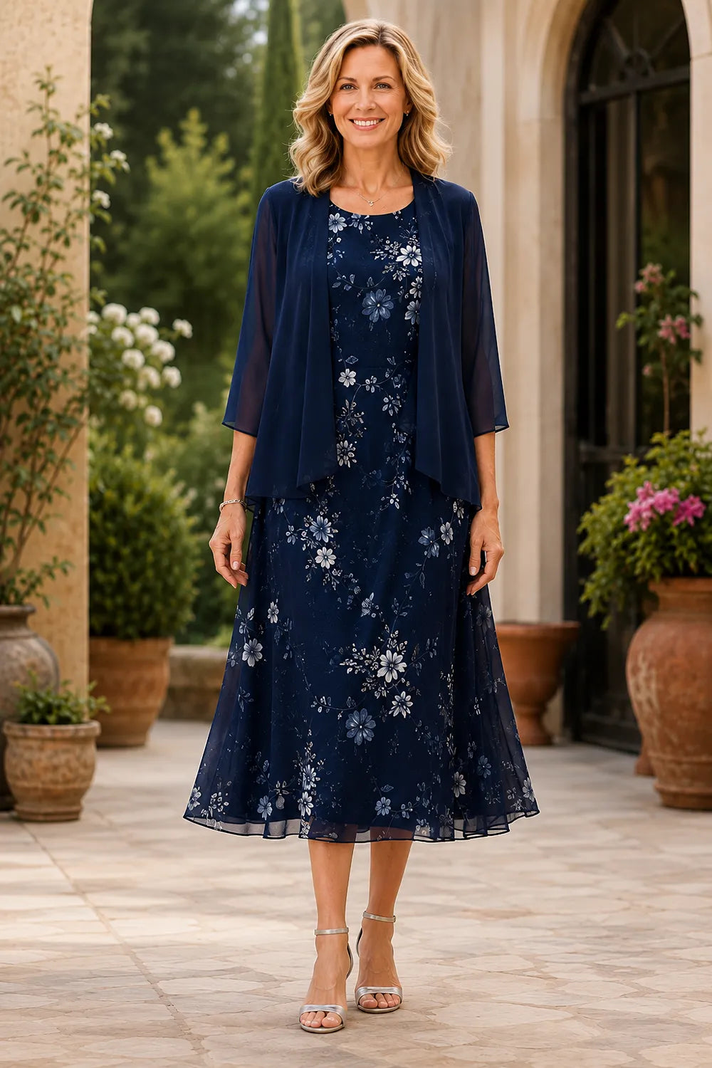 Isabella Floral Chiffon Cape Sleeve Dress