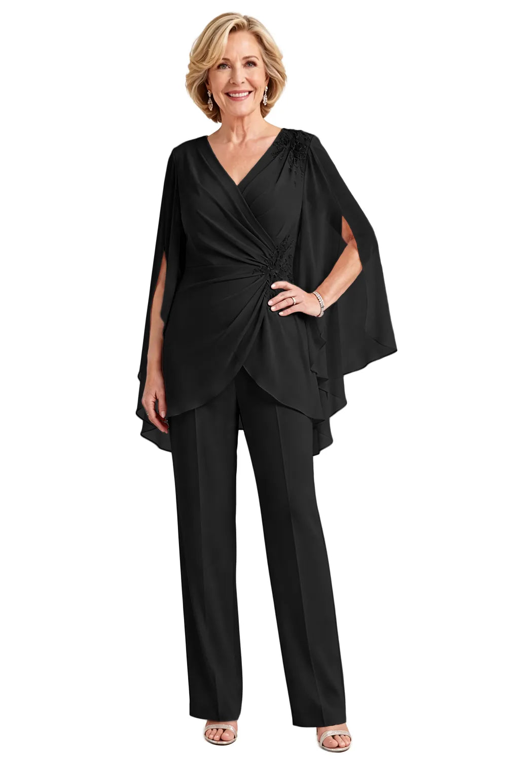 Draped Cape Sleeve Beaded Formal Pant Suit